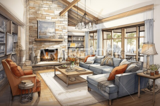 3D illustrations of a living room with home furniture, attractive modern designs, precise architectural drawing, advanced engineering art, interior decoration of homes and palaces in the Kingdom of Saudi Arabia, residential apartments and villas