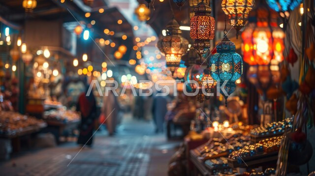 التهنئة بمناسبة الأعياد الإسلامية، العادات والتقاليد العربية لزينة رمضان المبارك، البهجة بقدوم شهر الخير والبركة، فوانيس معدنية مزخرفة مضيئة، الأجواء الروحانية الرمضانية، تحف وديكورات واكسسوارات المناسبات الدينية