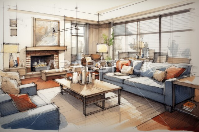 رسوم توضيحية ثلاثية الابعاد لتصميم غرفة جلوس  حديثة ، رسم معماري دقيق ، تصاميم عصرية جذابة ، فن هندسي متطور ،  ديكور داخلي للمنازل والقصور  في المملكة العربية السعودية