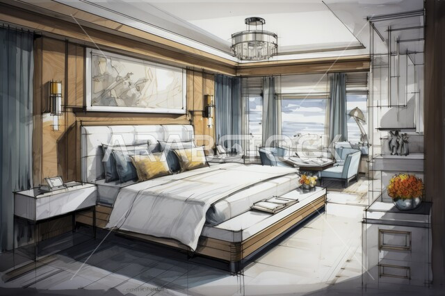 تصاميم عصرية جذابة،  رسوم توضيحية ثلاثية الابعاد لتصميم غرفة نوم حديثة ،  رسم معماري  دقيق  ، فن هندسي متطور ،  ديكور داخلي للمنازل والقصور 