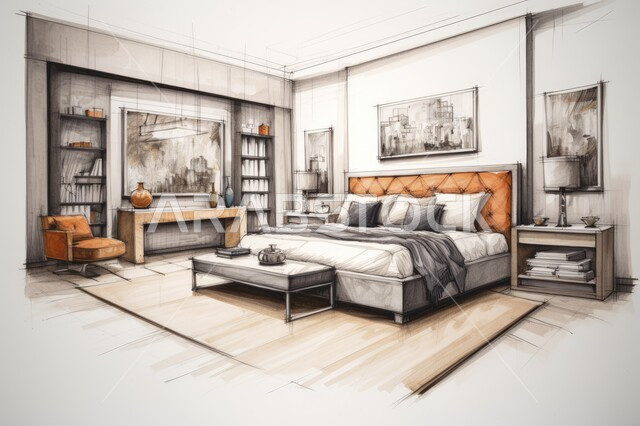  ديكور داخلي للمنازل والقصور،  رسوم توضيحية ثلاثية الابعاد لتصميم غرفة نوم  حديثة ، تصاميم عصرية جذابة ، رسم معماري  دقيق  ، فن هندسي متطور 