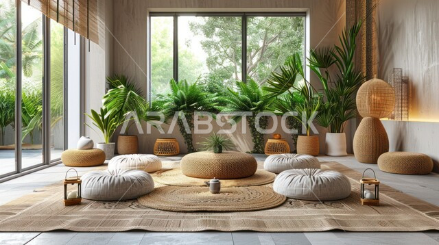 غرفة جلوس على الطراز العربي التقليدي، الاكسسوارات والتحف بتصاميم وديكورات شعبية، أثاث منزلي وووسائد مريحة، الفن الهندسي المعماري التراثي الشعبي، الاهتمام بنبات الزينة الأخضر، واجهات ونوافذ زجاجية مطلة على الطبيعة