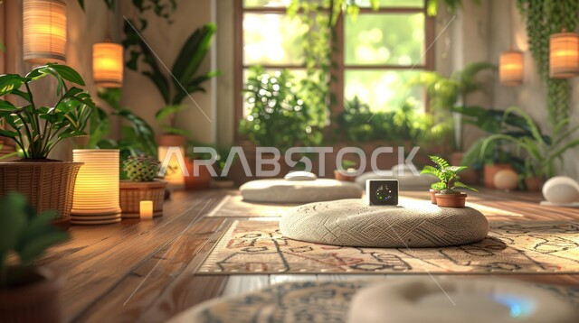 الاكسسوارات والتحف بتصاميم وديكورات شعبية، غرفة جلوس على الطراز العربي التقليدي، أثاث منزلي وووسائد مريحة، الفن الهندسي المعماري التراثي الشعبي، الاهتمام بنبات الزينة الأخضر، واجهات ونوافذ زجاجية مطلة على الطبيعة