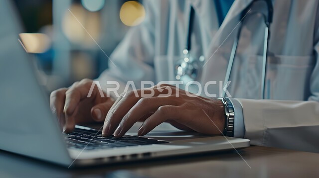 The use of modern technologies in the field of medical work, the use of advanced technical devices, a close-up picture of a Saudi Arabian Gulf doctor wearing a medical coat and wearing a stethoscope, sitting at the desk and typing on the laptop, the concept of health care services