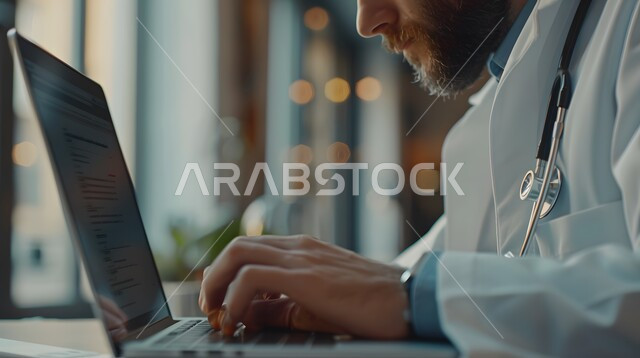 تقديم خدمات الرعاية الصحية , استخدام الأجهزة التقنية المتطورة , صورة مقربة لطبيب عربي خليجي سعودي يرتدي المعطف الطبي و يضع السماعة الطبية يجلس على المكتب و يقوم بالكتابة على الحاسب المحمول , دمج التقنيات الحديثة بالحياة العملية 