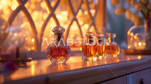 التعطر و التطيب بالزيوت الطبيعيه والمسك, العطور العربية الفخمة الفاخرة المزخرفة، عبوات زجاجية من زيت المسك السعودي الأصلي، عرض المنتجات المحلية الوطنية السعودية