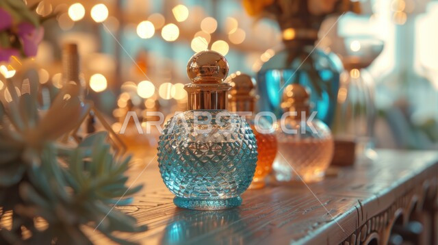 العطور العربية الفخمة الفاخرة المزخرفة، التطيب والتعطر بالزيوت الطبيعيه والمسك, عبوات زجاجية من زيت المسك السعودي الأصلي، عرض المنتجات المحلية الوطنية السعودية