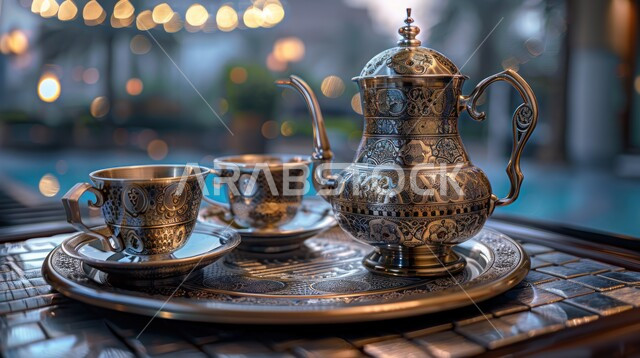 كرم الإستقبال وحسن الضيافة في المملكة العربية السعودية, الاستمتاع بالمشروبات الساخنة، الاواني النحاسية بزخارف ارابيسك تقليدية ملونة، التقاليد و العادات القديمة في تقديم الشاي, صورة مقربة لمجموعة من الفناجين المزخرفة على طاولة خشبية