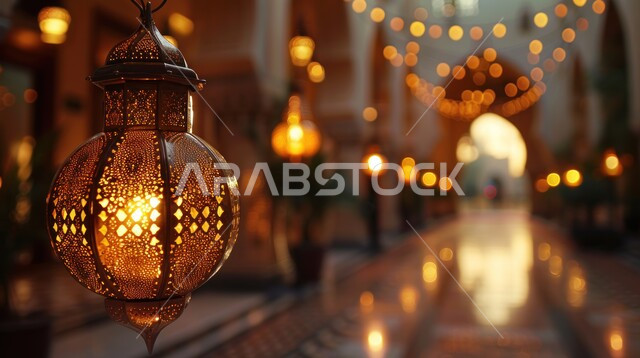 Arabic Metal Decorative Hanging Lantern, Traditional Lanterns, Antiques and Decorations for Celebrating the Advent of the Holy Month of Ramadan, Arabic Customs and Traditions in Holiday and Religious Occasion Decorations, Ramadan Atmosphere and Islamic Spirituality