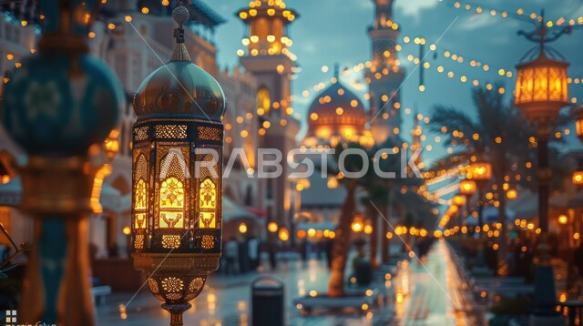 أجواء رمضانية وروحانية إسلامية، العادات والتقاليد العربية في زينة الأعياد والمناسبات الدينية، ديكورات وتحف تقليدية للاحتفال بقدوم شهر رمضان المبارك، فوانيس عربية معدنية مزخرفة مضيئة معلقة