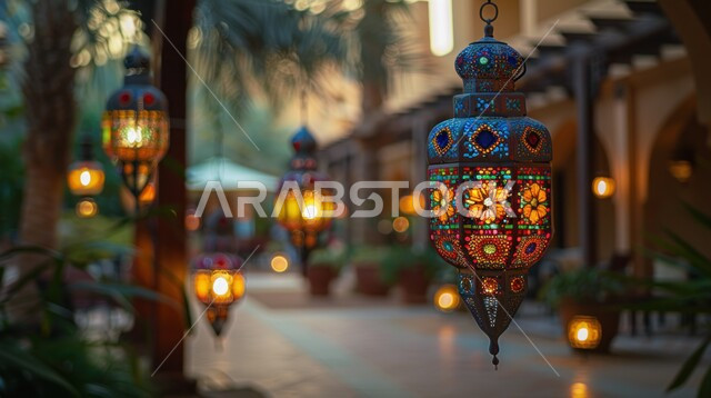 تحف وديكورات تقليدية للاحتفال بقدوم شهر رمضان المبارك، فوانيس عربية معدنية مزخرفة مضيئة معلقة، العادات والتقاليد العربية في زينة الأعياد والمناسبات الدينية، أجواء رمضانية وروحانية إسلامية