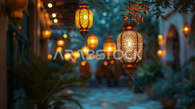 فوانيس عربية معدنية مزخرفة مضيئة معلقة، تحف وديكورات تقليدية للاحتفال بقدوم شهر رمضان المبارك، العادات والتقاليد العربية في زينة الأعياد والمناسبات الدينية، أجواء رمضانية وروحانية إسلامية