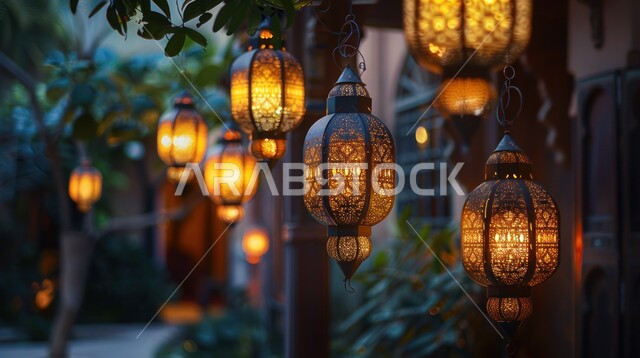 العادات والتقاليد العربية في زينة الأعياد والمناسبات الدينية، ديكورات وتحف تقليدية للاحتفال بقدوم شهر رمضان المبارك، فوانيس عربية معدنية مزخرفة مضيئة معلقة، أجواء رمضانية وروحانية إسلامية