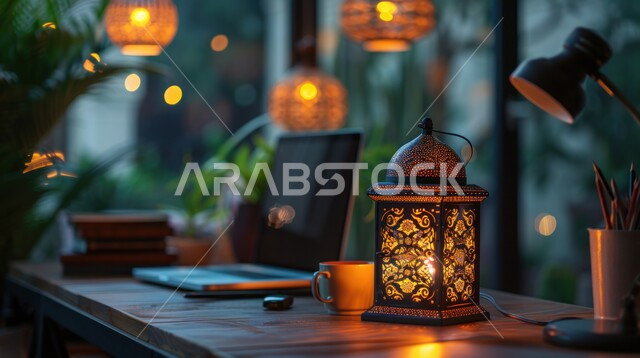 Using modern technical devices in offices, administrative professions and jobs, celebrating the holy month, spiritual Ramadan atmosphere, Islamic geometric antiques, designs and decorations, decorations and lights of the month of goodness, a work table equipped with office supplies and a traditional illuminated metal lamp, working on a laptop