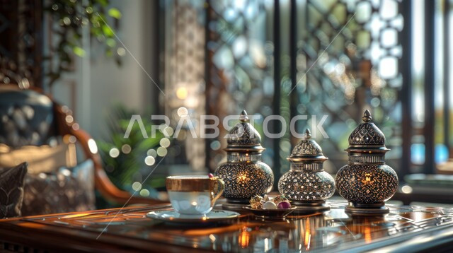ديكورات وزينة رمضان المبارك, الأجواء الروحانية والاحتفال بالمناسبات والأعياد الدينية الاسلامية، صورة مقربة لفوانيس معدنية تقليدية مضيئة على طاولة خشبية مع فنجان من القهوة, البهجة بقدوم شهر الخير، تحف واكسسوارت متميزة، ضيافة رمضانية شهية