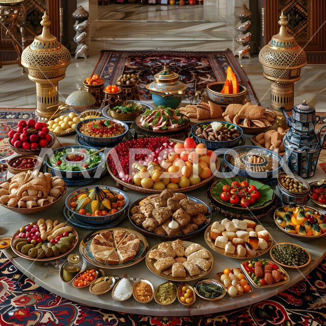 أجواء الاحتفال بالأعياد والمناسبات، الفواكه الطازجة اللذيذة, طاولة مليئة بأطباق الحلويات الشعبية التقليدية، كرم الضيافة وحسن الاستقبال في العيد، منتجات محلية وطنية من المملكة العربية السعودية