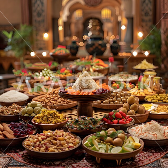 أجواء الاحتفال بالأعياد والمناسبات، الفواكه الطازجة اللذيذة, طاولة مليئة بأطباق الحلويات الشعبية التقليدية، كرم الضيافة وحسن الاستقبال في العيد، منتجات محلية وطنية من المملكة العربية السعودية