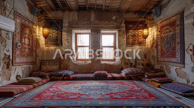 Saudi Arabian culture, Saudi heritage decorations and engravings, traditional handicraft heritage art, use of carpets in home furniture in the Kingdom's homes, colorful decorative designs in living rooms, old-style living room