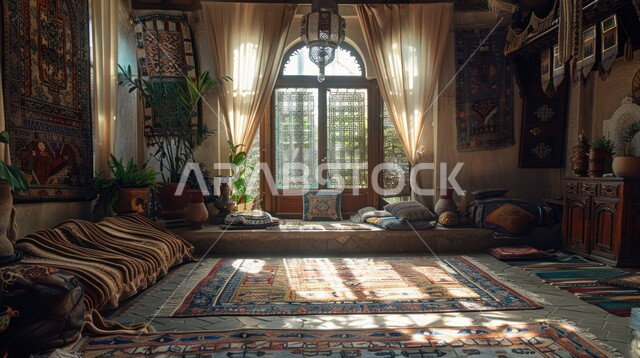 زخرفات ونقوشات من التراث السعودي، الفن التراثي الحرفي التقليدي، استخدام السجاد في الأثاث المنزلي في بيوت المملكة، الثقافة العربية السعودية، تصاميم زخرفية ملونة في غرف المعيشة، غرفة جلوس على الطراز القديم