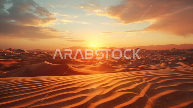 الرمال الذهبية الناعمة، الكثبان والتلال الرملية، مشهد السماء المليئة بالسحب والغيوم وقت الغروب، المناخ الصحراوي الجاف والقاسي، المناظر الطبيعية في الصحراء في المملكة العربية، المناطق السياحية الصحراوية في السعودية