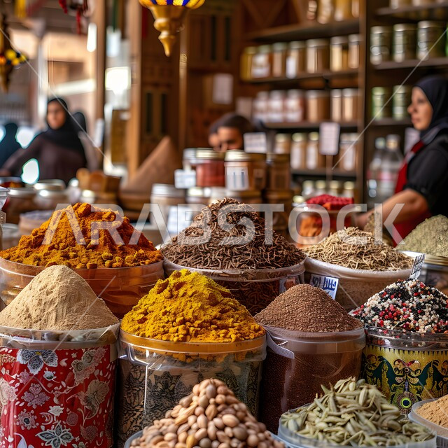 الاسواق التقليدية الشعبية لبيع البهارات والعطريات، منكهات وملونات طبيعية للمأكولات والأطعمة، عرض التوابل الملونة والمتنوعة، نباتات ذات فوائد صحية وعلاجية، منتجات ومحاصيل زراعية وطنية محلية سعودية