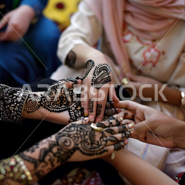 التجمل والتزيين والاهتمام بالمظهر الخارجي، عادات وتقاليد في المناسبات والأفراح السعيدة، صورة مقربة لإمرأة عربية خليجية سعودية تقوم بالرسم والنقش على يدها باستخدام الحناء الحمراء، مهن تقليدية شعبية نسائية، زخارف وفنون يدويه من مواد طبيعيه