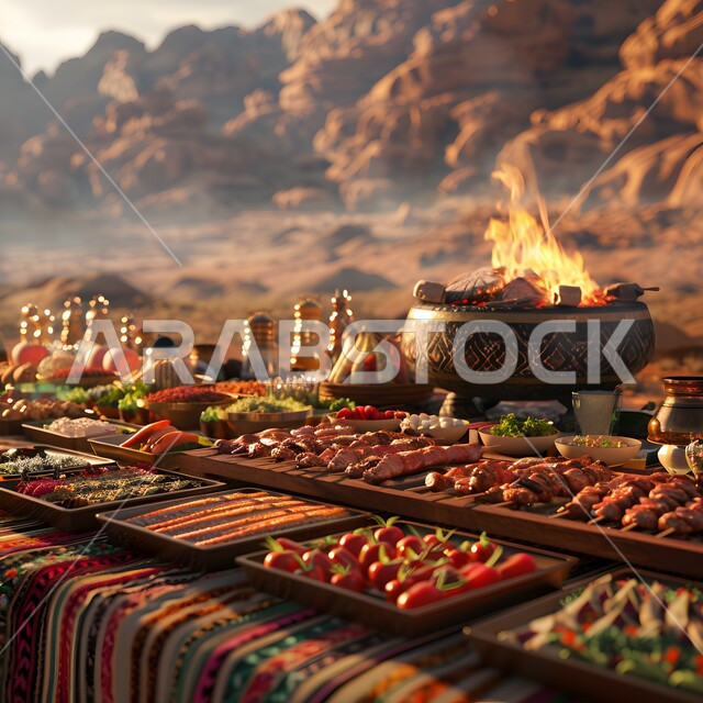 أجواء شهر رمضان المبارك، العزائم والولائم في الأعياد والمناسبات الإسلامية، المقبلات والأطباق والأصناف العربية الشرقية اللذيذة، مائدة طعام مليئة بالوجبات المتنوعة الرمضانية، سفرة من المأكولات الشعبية التقليدية الشهية