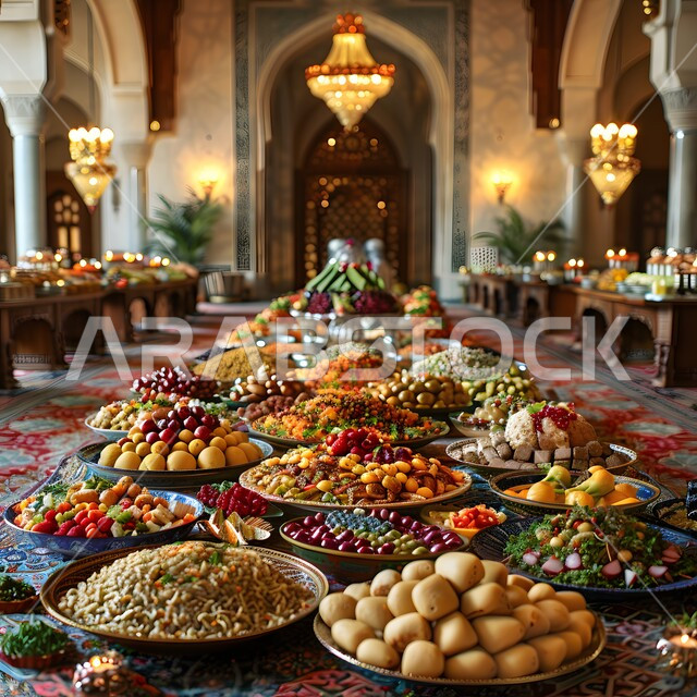 أجواء شهر رمضان المبارك، العزائم والولائم في الأعياد والمناسبات الإسلامية، المقبلات والأطباق والأصناف العربية الشرقية اللذيذة، مائدة طعام مليئة بالوجبات المتنوعة الرمضانية، سفرة من المأكولات الشعبية التقليدية الشهية