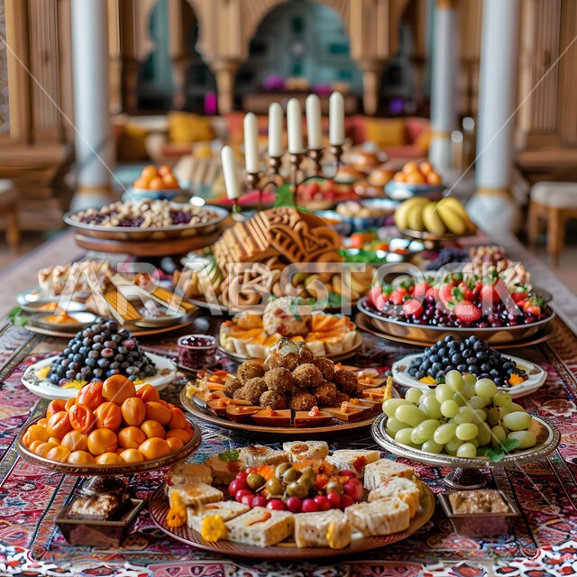 أجواء شهر رمضان المبارك، العزائم والولائم في الأعياد والمناسبات الإسلامية، المقبلات والأطباق والأصناف العربية الشرقية اللذيذة، مائدة طعام مليئة بالوجبات المتنوعة الرمضانية، سفرة من المأكولات الشعبية التقليدية الشهية