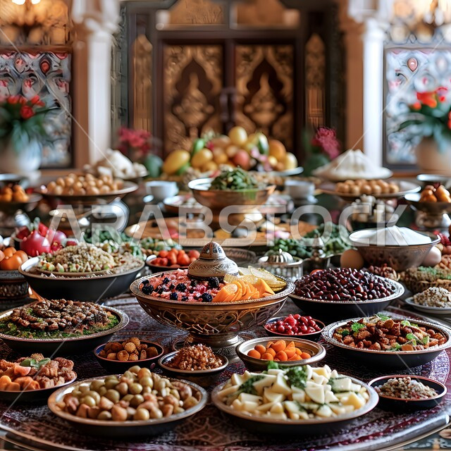 أجواء شهر رمضان المبارك، العزائم والولائم في الأعياد والمناسبات الإسلامية، المقبلات والأطباق والأصناف العربية الشرقية اللذيذة، مائدة طعام مليئة بالوجبات المتنوعة الرمضانية، سفرة من المأكولات الشعبية التقليدية الشهية