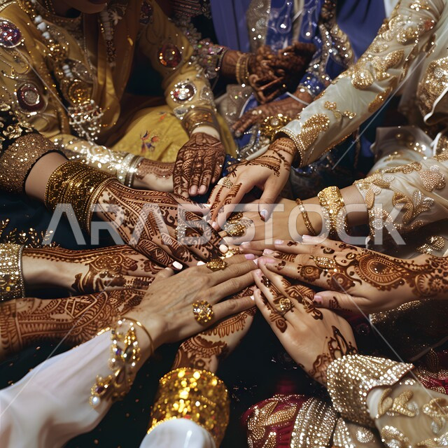 التجمل والتزيين والاهتمام بالمظهر الخارجي، عادات وتقاليد في المناسبات والأفراح السعيدة، صورة مقربة لإمرأة عربية خليجية سعودية تقوم بالرسم والنقش على يدها باستخدام الحناء الحمراء، مهن تقليدية شعبية نسائية، زخارف وفنون يدويه من مواد طبيعيه