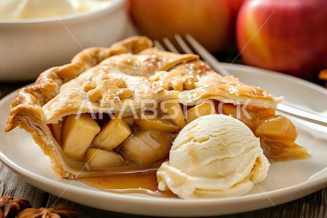 A piece of apple pie dessert placed on a white plate with a ball of refreshing vanilla ice cream, recipes for delicious and quick desserts, the art of cooking and baking, delicious baked goods and pies, the arts of catering and eastern Arab cuisine.