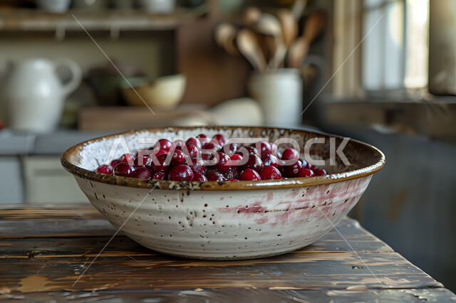 طبق أبيض مليء بحبات التوت البري الحمراء الطازجة, مار و محاصيل وطنية محلية سعودية، فواكه موسمية مقطوفة من مزارع المملكة, فنون تقديم وترتيب الأطباق، فاكهة لذيذة ومنعشة تستخدم في وصفات الحلويات والكوكتيلات