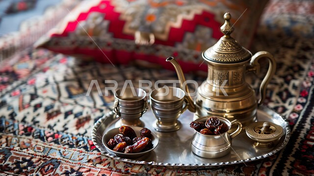 الضيافة العربية الأصيلة المتوارثة عبر الأجيال, المشروبات الساخنة والتمور السكرية المقدمة للزوار, حسن استقبال الضيف, نقوش الآرابيسك على دلة نحاسية مع عدة فناجين, البن العربي الخليجي الفاخر, القهوة العربية في الثقافة السعودية