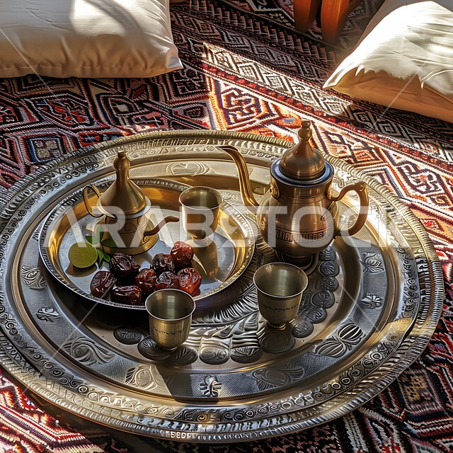 إكرام الضيف وحسن استقباله, التقاليد والعادات الأصيلة المتوارثة من الأجداد، نقوش الآرابيسك على دلة نحاسية مع عدة فناجين, البن العربي الخليجي الفاخر, مفهوم الضيافة العربية الأصيلة, تقديم المشروبات الساخنة والتمر السكري للزوار, القهوة العربية في الثقافة السعودية