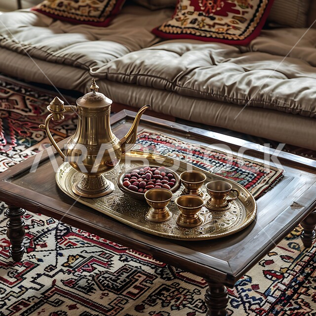حسن استقبال الضيف وإكرامه, تقديم المشروبات الساخنة والتمر السكري للزوار, مفهوم الضيافة العربية الأصيلة, الآرابيسك المنقوش على دلة نحاسية مع عدة فناجين, العادات الأصيلة المتوارثة من الأجداد، البن العربي الخليجي الفاخر, القهوة العربية في الثقافة السعودية