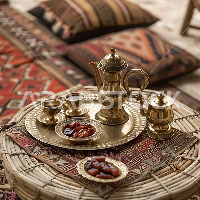 تقديم المشروبات الساخنة والتمر السكري للزوار, مفهوم الضيافة العربية الأصيلة, الآرابيسك المنقوش على دلة نحاسية مع عدة فناجين, العادات الأصيلة المتوارثة من الأجداد، البن العربي الخليجي الفاخر, حسن استقبال الضيف وإكرامه, القهوة العربية في الثقافة السعودية