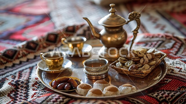مفهوم الضيافة العربية الأصيلة, الآرابيسك المنقوش على دلة نحاسية مع عدة فناجين, العادات الأصيلة المتوارثة من الأجداد، البن العربي الخليجي الفاخر, تقديم المشروبات الساخنة والتمر السكري للزوار, حسن استقبال الضيف وإكرامه, القهوة العربية في الثقافة السعودية
