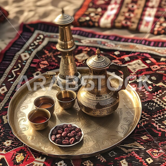 الآرابيسك المنقوش على دلة نحاسية مع عدة فناجين, العادات الأصيلة المتوارثة من الأجداد، البن العربي الخليجي الفاخر, مفهوم الضيافة العربية الأصيلة, تقديم المشروبات الساخنة والتمر السكري للزوار, حسن استقبال الضيف وإكرامه, القهوة العربية في الثقافة السعودية