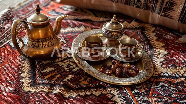 نقوش الآرابيسك على دلة نحاسية مع عدة فناجين, البن العربي الخليجي الفاخر, التقاليد والعادات الأصيلة المتوارثة من الأجداد، مفهوم الضيافة العربية الأصيلة, تقديم المشروبات الساخنة والتمر السكري للزوار, حسن استقبال الضيف وإكرامه, القهوة العربية في الثقافة السعودية