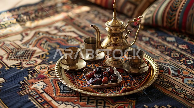 البن العربي الخليجي الفاخر, التقاليد والعادات الأصيلة المتوارثة من الأجداد، نقوش الآرابيسك على دلة نحاسية مع عدة فناجين, مفهوم الضيافة العربية الأصيلة, تقديم المشروبات الساخنة والتمر السكري للزوار, حسن استقبال الضيف وإكرامه, القهوة العربية في الثقافة السعودية