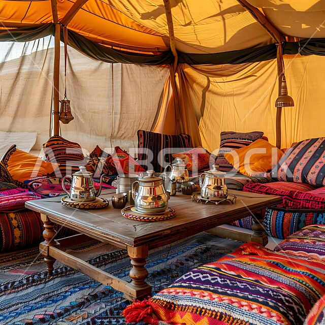 التصميم التراثي السعودي, الخيم الشعبية القديمة في السعودية, طاولة الضيافة الخشبية المنخفضة, المنسوجات المطرزة المصنوعة بشكل يدوي, المفروشات والوسائد الملونة, الديكور الداخلي للخيمة البدوية التقليدية, الحياة البرية في المملكة