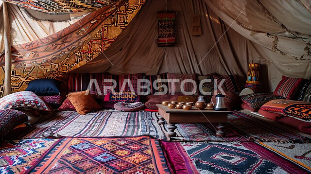 المنسوجات المطرزة المصنوعة بشكل يدوي, المفروشات والوسائد الملونة, الديكور الداخلي للخيمة البدوية التقليدية, الحياة البرية في المملكة, طاولة الضيافة الخشبية المنخفضة, الخيم الشعبية القديمة في السعودية, التصميم التراثي السعودي