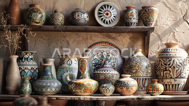  أوعية طينية مزينة بالنقوش الملونة, الصناعات والحرف اليدوية في المملكة, مكان لبيع الأغراض التراثية القديمة, عرض الأواني الفخارية المزخرفة على رفوف مرتبة, العمل في صناعة الخزفيات, المهن الشعبية السعودية،التاريخ السعودي الغني بالثقافة والتقاليد المتوارثة