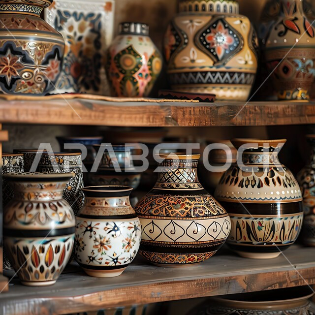 Clay jars decorated with colorful engravings, Saudi folk professions, working in the ceramics industry, crafts and handicrafts in the Kingdom, a place for selling old heritage items, displaying decorated pottery on neat shelves, Saudi history rich in culture and inherited traditions
