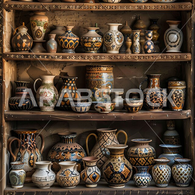 المهن الشعبية السعودية، العمل في صناعة الخزفيات, الحرف والصناعات اليدوية في المملكة, مكان لبيع الأغراض التراثية القديمة, عرض الأواني الفخارية المزخرفة على رفوف مرتبة, أوعية طينية مزينة بالنقوش الملونة, التاريخ السعودي الغني بالثقافة والتقاليد المتوارثة