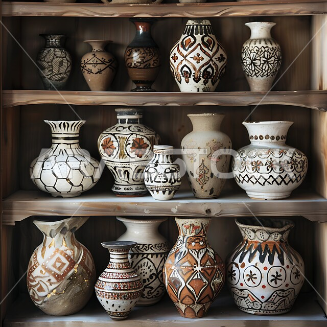 Working in the ceramics industry, crafts and handicrafts in the Kingdom, a place for selling old heritage items, displaying decorated pottery on neat shelves, Saudi folk crafts, clay vessels decorated with colorful engravings, Saudi history rich in culture and inherited traditions