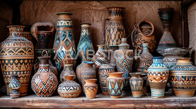 الحرف والصناعات اليدوية في المملكة, مكان لبيع الأغراض التراثية القديمة, عرض الأواني الفخارية المزخرفة على رفوف مرتبة, العمل في صناعة الخزفيات, المهن الشعبية السعودية، أوعية طينية مزينة بالنقوش الملونة, التاريخ السعودي الغني بالثقافة والتقاليد المتوارثة
