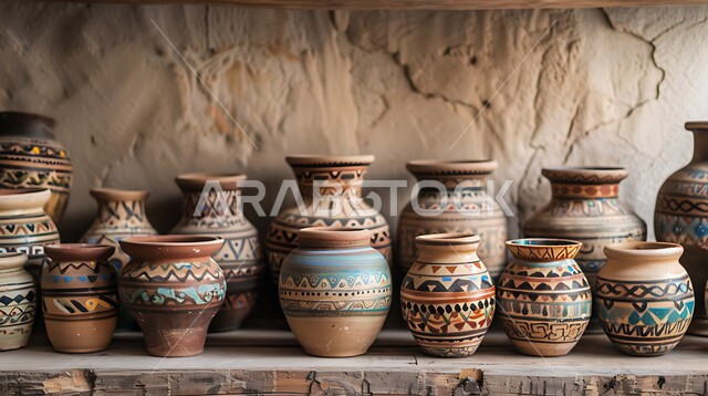 عرض الأواني الفخارية المزخرفة على رفوف مرتبة, محل لبيع الأغراض التراثية القديمة, الصناعات والحرف اليدوية في المملكة, العمل في صناعة الخزفيات, المهن الشعبية السعودية، أوعية طينية مزينة بالنقوش الملونة, التاريخ السعودي الغني بالثقافة والتقاليد المتوارثة