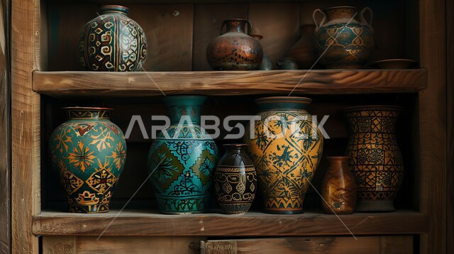 مكان لبيع الأغراض التراثية القديمة, الصناعات والحرف اليدوية في المملكة, عرض الأواني الفخارية المزخرفة على رفوف مرتبة, العمل في صناعة الخزفيات, المهن الشعبية السعودية، أوعية طينية مزينة بالنقوش الملونة, التاريخ السعودي الغني بالثقافة والتقاليد المتوارثة